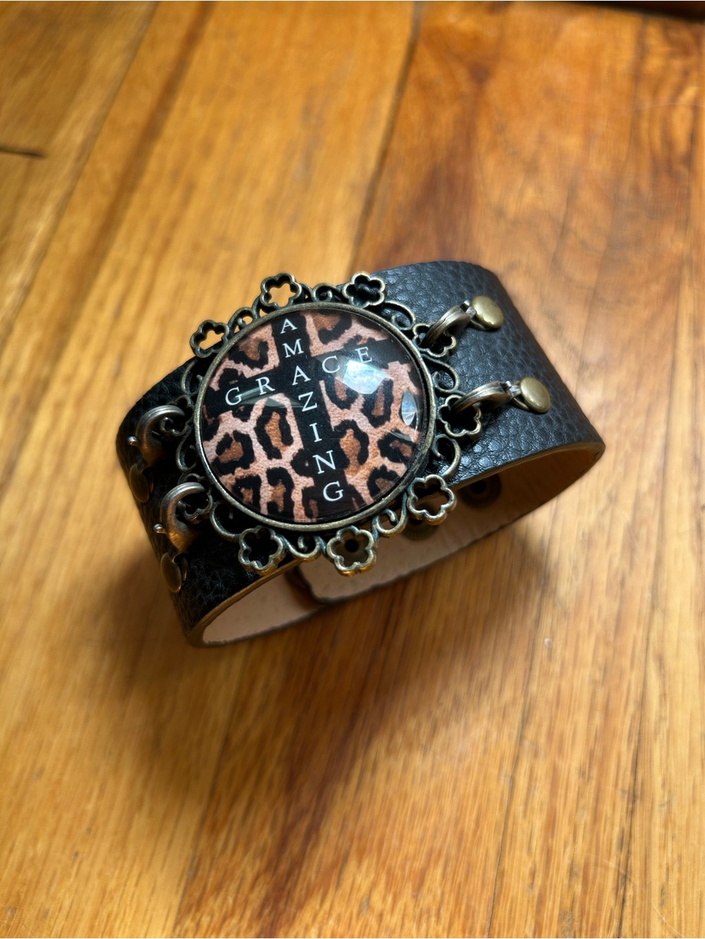 Amazing Grace Leopard Medallion Black Leather Cuff Bracelet